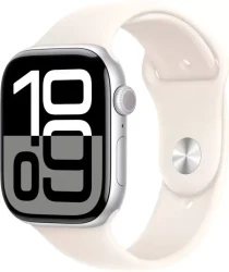 Умные часы Apple Watch Series 10 46 мм (алюминиевый корпус, серебристый/звездный свет, спортивный силиконовый ремешок M/L) - фото