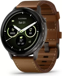 Умные часы Garmin Venu 4 45 мм (черный/коричневый кожаный) - фото